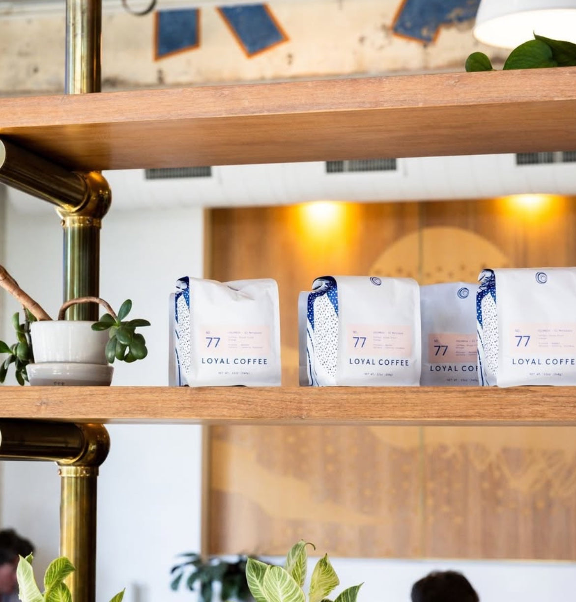 Bags of Loyal Coffee on a wooden café shelf