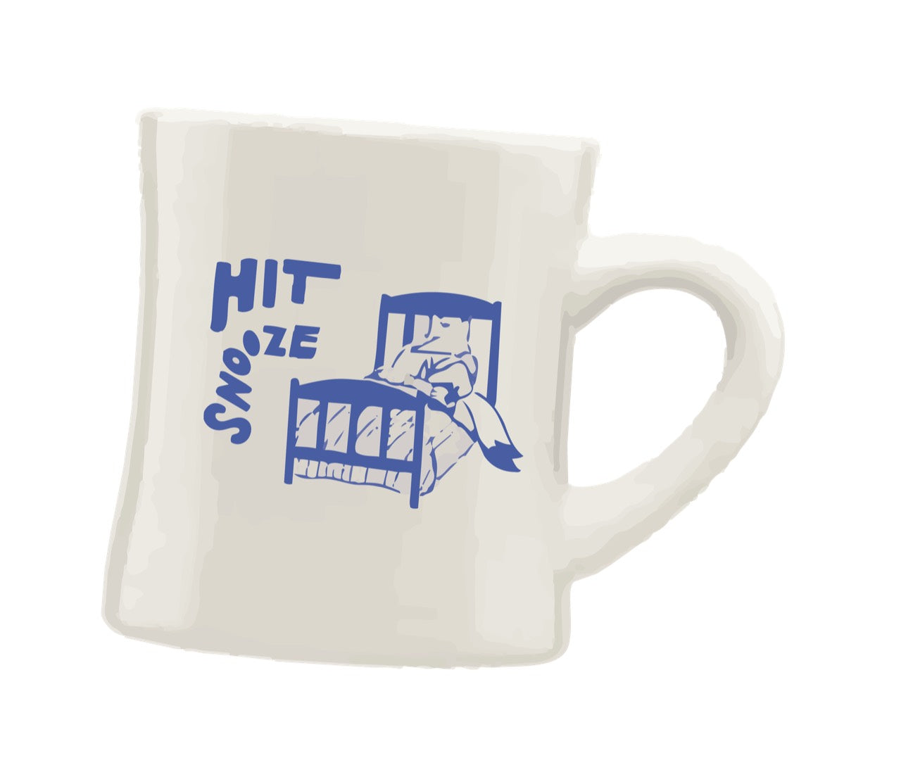 Limited Edition Diner Mug with blue Hit Snooze artwork on a white background