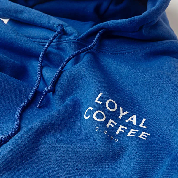 Blue Loyal Coffee hoodie with a white chest logo